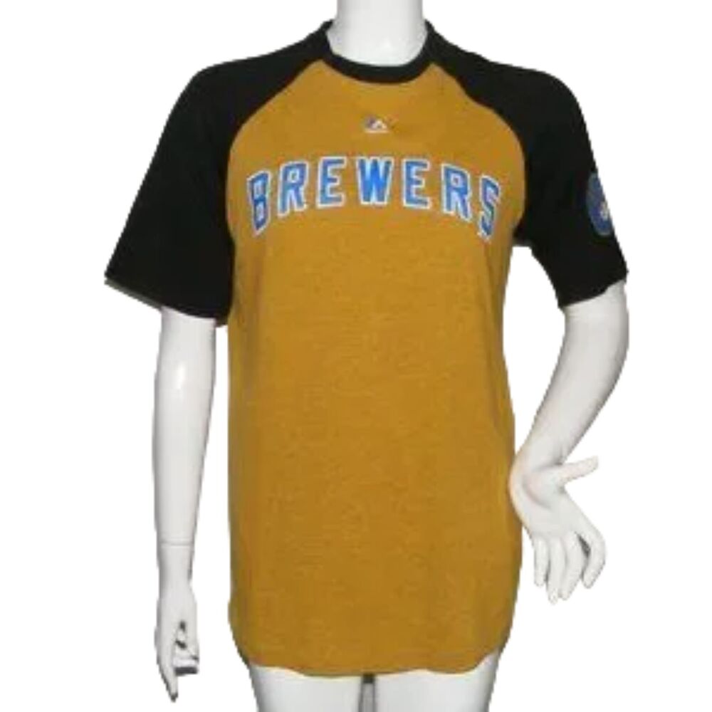 MILWAUKEE BREWERS Tee, M, Blue/Yellow, Logo, Cooperstown collection, Baseball